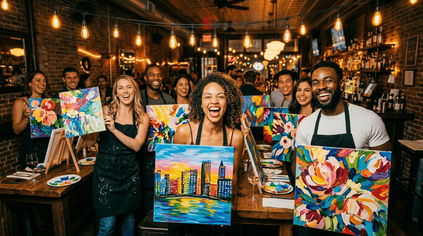 Team celebrating with paintings