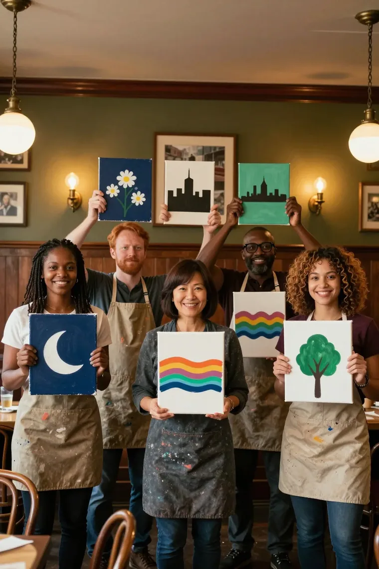 Guests holding up their finished paintings